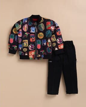 Boys Graphic Print Pants & T-Shirt Set with Jacket