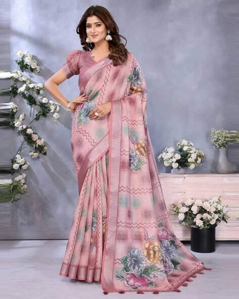 Indie Picks Women Coral Woven Linen Saree