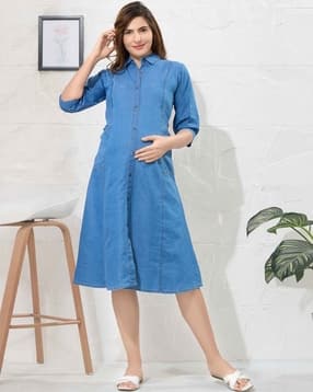 easy mom Women A-Line Dress with Button Accent-picture-1