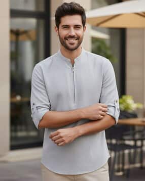 Men Slim Fit Shirt Kurta with Mandarin Collar-image-5