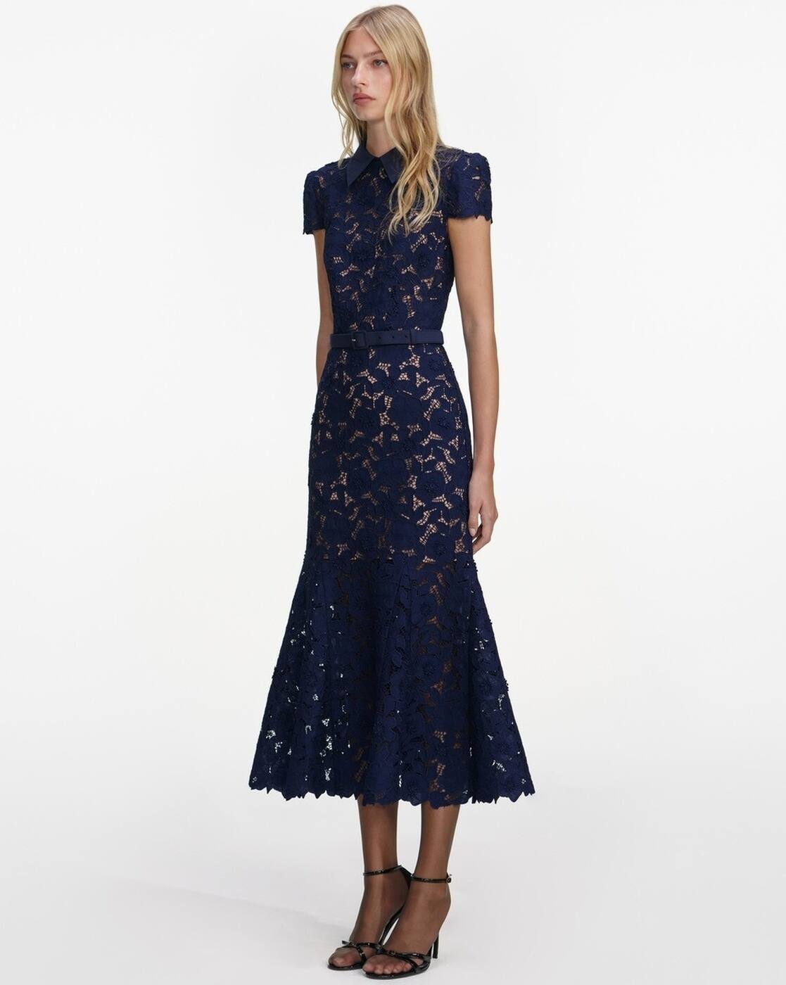 Buy Self Portrait Guipure Lace Midi Dress | Navy Blue Color Women