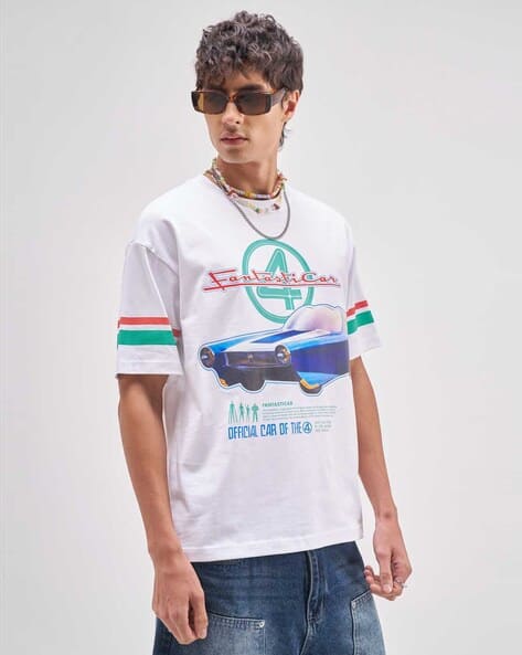 Super Store By Highlander Cars - Highlander Marvel Cars Men White Round Neck Half Sleeve Relaxed Drop Shoulder Graphic Tshirt