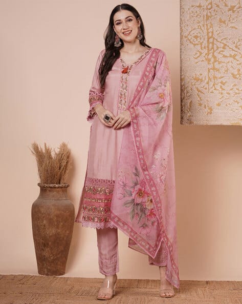 Fashor Floral Printed Embroidered Straight Kurta with Pant