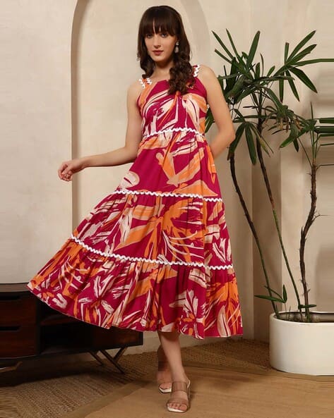 Revangi Women Leaf Print Square-Neck Fit & Flare Dress