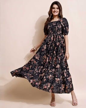 revangi Women Floral Print Maxi Fit and Flare Dress-picture-10