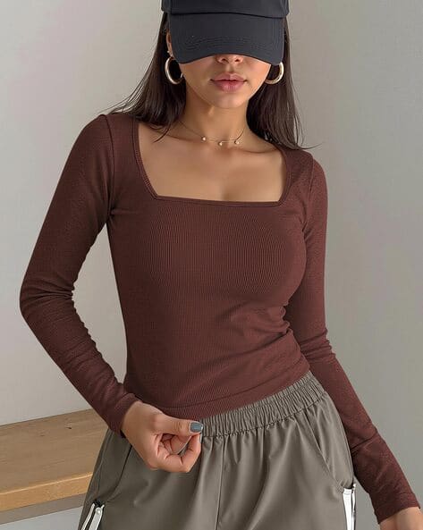 DREAM BEAUTY FASHION Women Ribbed Square-Neck Fitted Top
