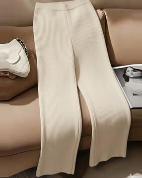 Women Ribbed Relaxed Fit Flat-Front Trousers