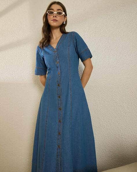 white christmas dresses DenimÂ V Neck Knee Length One Piece Dress