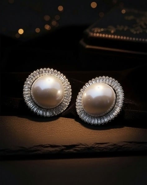 Women Silver-Plated Pearl Stud Earrings