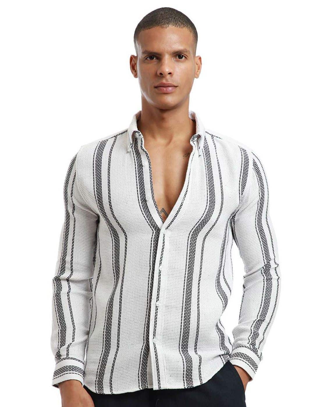 BANANA CLUB Men Striped Slim Fit Shirt with Button-Down Collar For Men (White, 3XL)