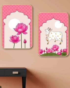 Lotus & Kamdhenu Cow Wall Art Set-image-1