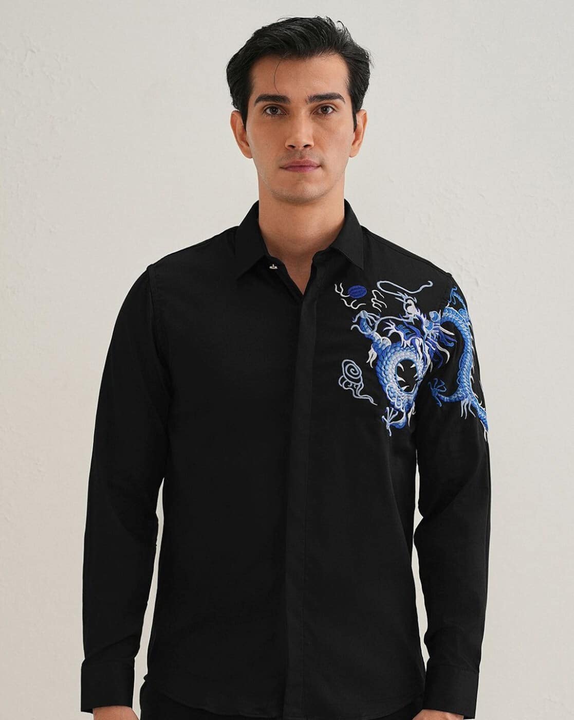 BANANA CLUB Men Embroidered Slim Fit Shirt with Full Sleeves For Men (Black, M)