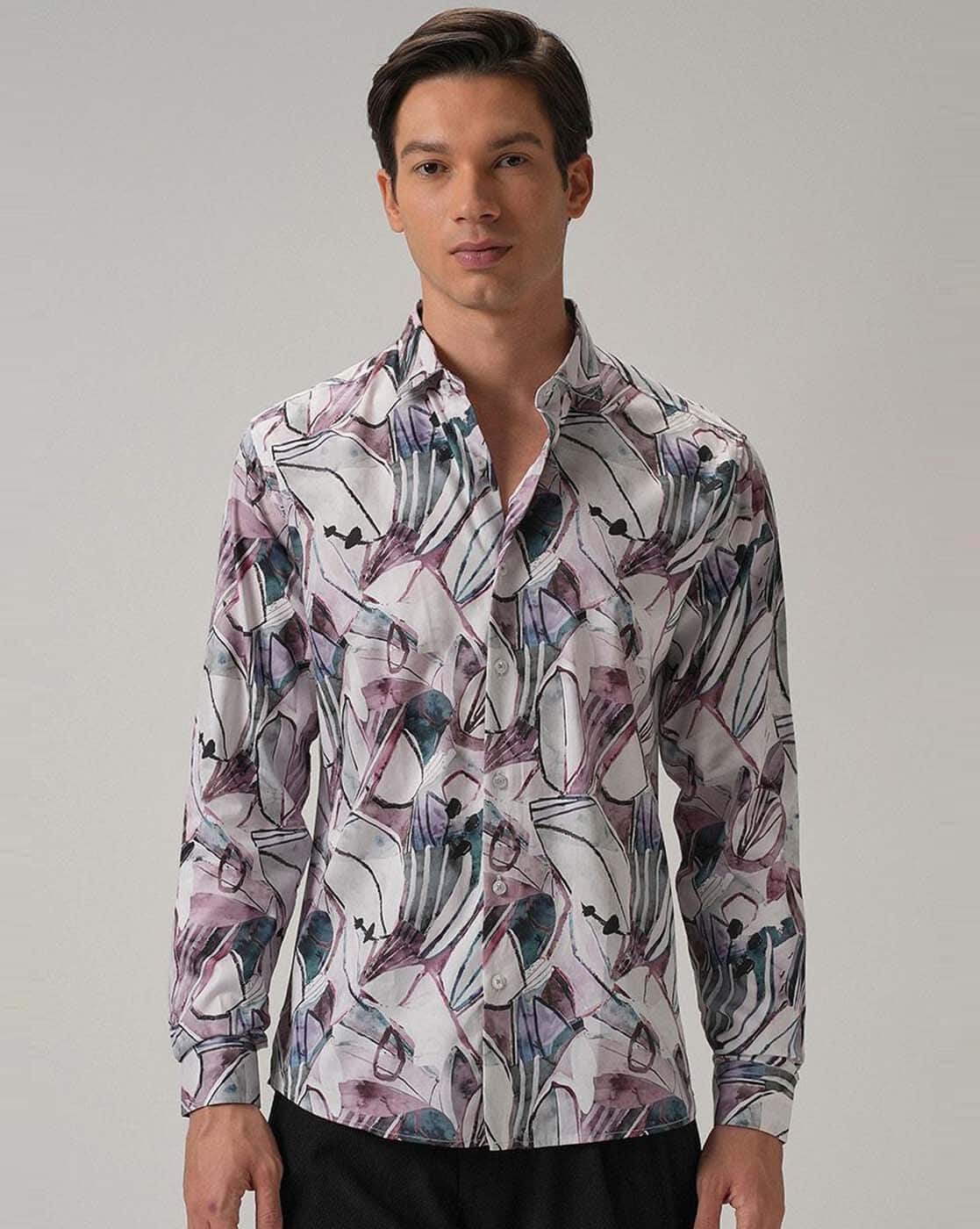 BANANA CLUB Men Printed Slim Fit Shirt with Spread Collar For Men (Purple, M)