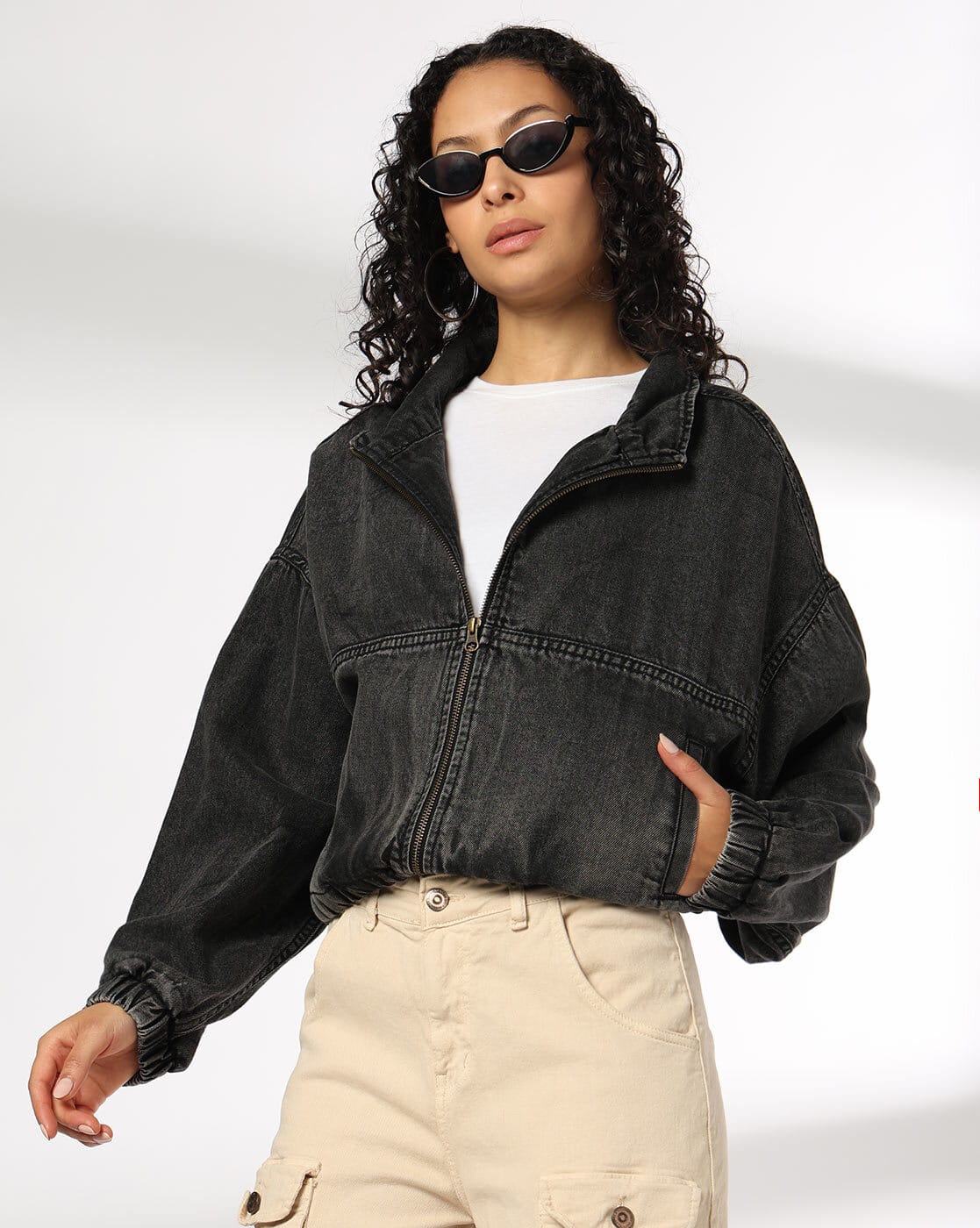 DNMX Women Washed Relaxed Fit Denim Jacket For Women (Grey, S)