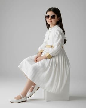 bella moda Girls Striped Fit and Flare Dress with Puff Sleeves-picture-35