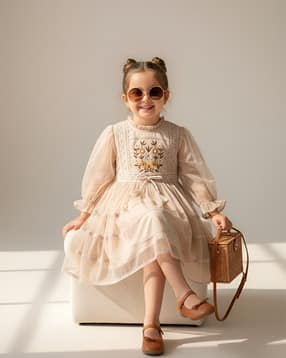 Girls Embroidered Fit and Flare Dress with Puff Sleeves-image-17