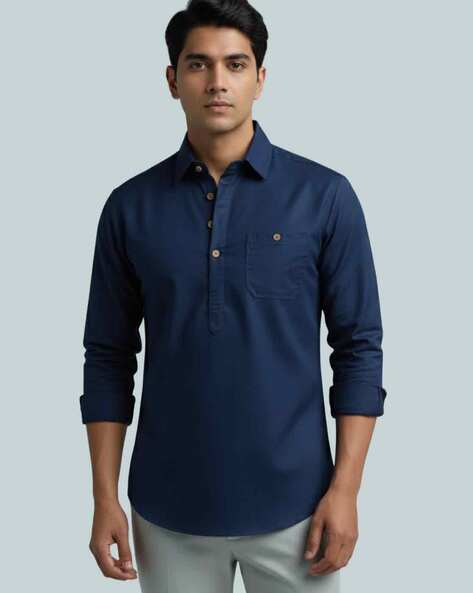 KNOWTED Men Slim Fit Short Kurta with Curved Hem