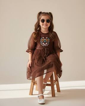 bella moda Girls Embroidered Fit and Flare Dress with Puff Sleeves-picture-53