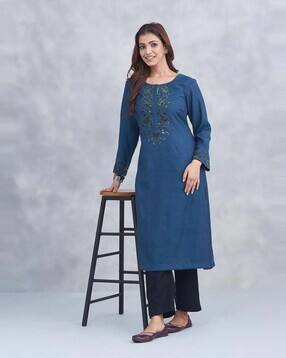 fabindia Women Embroidered Round-Neck Straight Kurta-picture-26