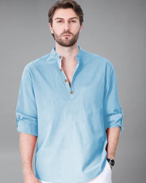 Men Slim Fit Short Kurta with Mandarin Collar