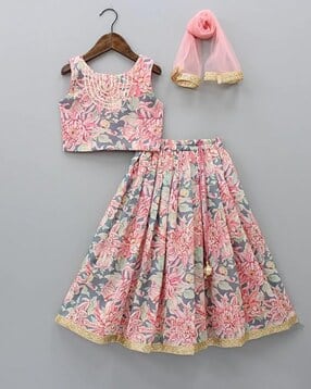 Girls Floral Print 2-Piece Lehenga with Choli