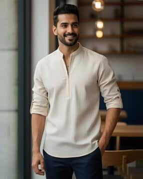 Men Slim Fit Cotton Short Kurta-image-8