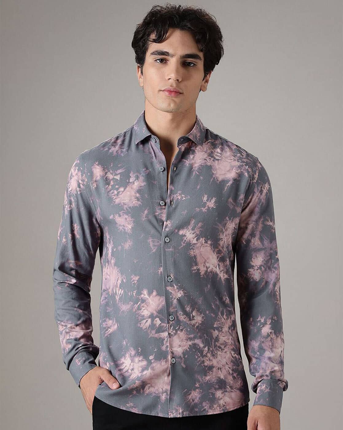 BANANA CLUB Men Printed Regular Fit Shirt with Cuffed Sleeves For Men (Grey, M)