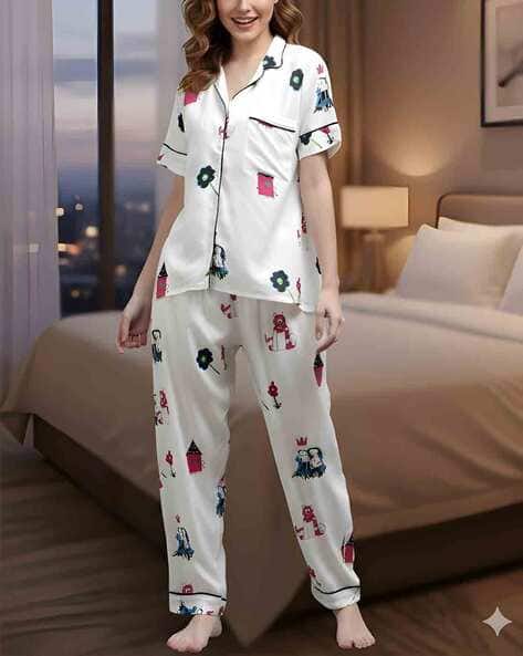 Jade & Julie Women Printed Shirt & Pyjamas Nightwear Set
