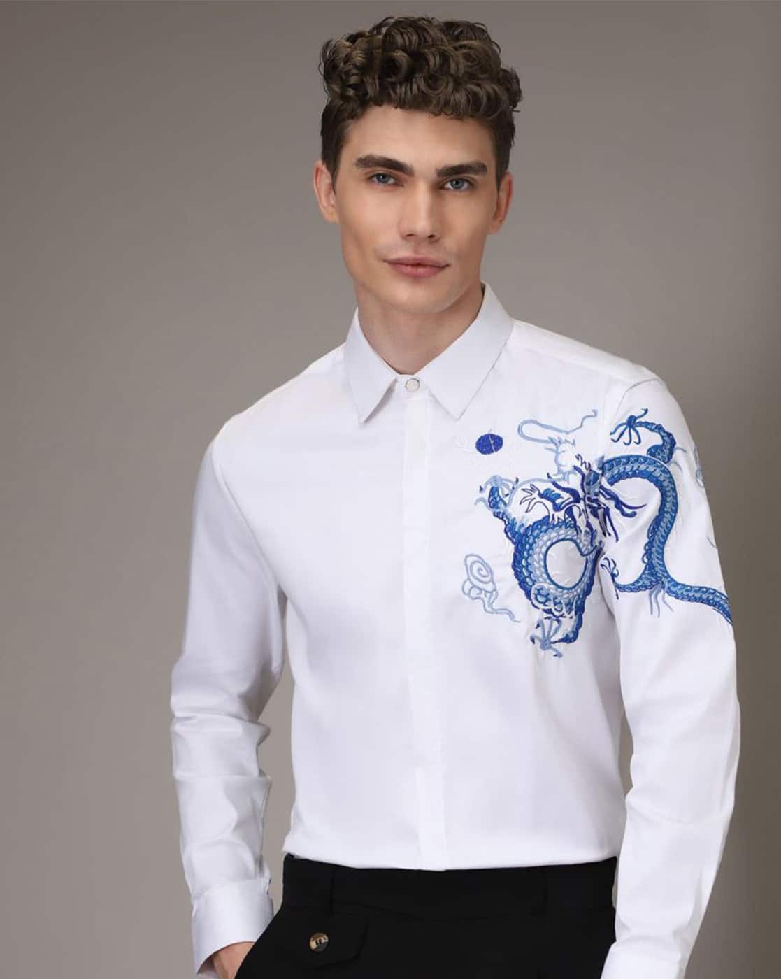 BANANA CLUB Men Embroidered Regular Fit Shirt with Cuffed Sleeves For Men (White, XL)