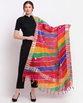 svaraa Women Striped Dupatta with Gotta Patti Work-picture-37