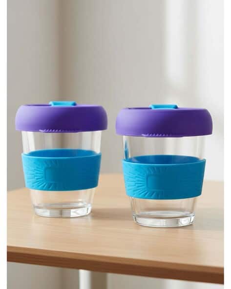 WE3 Set of 2 Colourblock Glass Freezer-Safe Coffee Tumbler with Lid