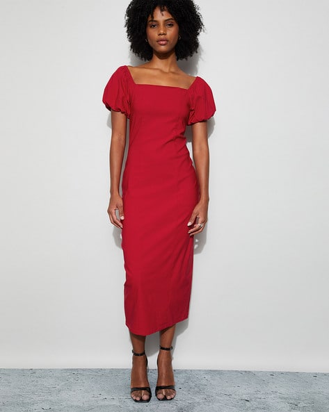 Ginger By Lifestyle Puff Sleeve Sheath Midi Dress