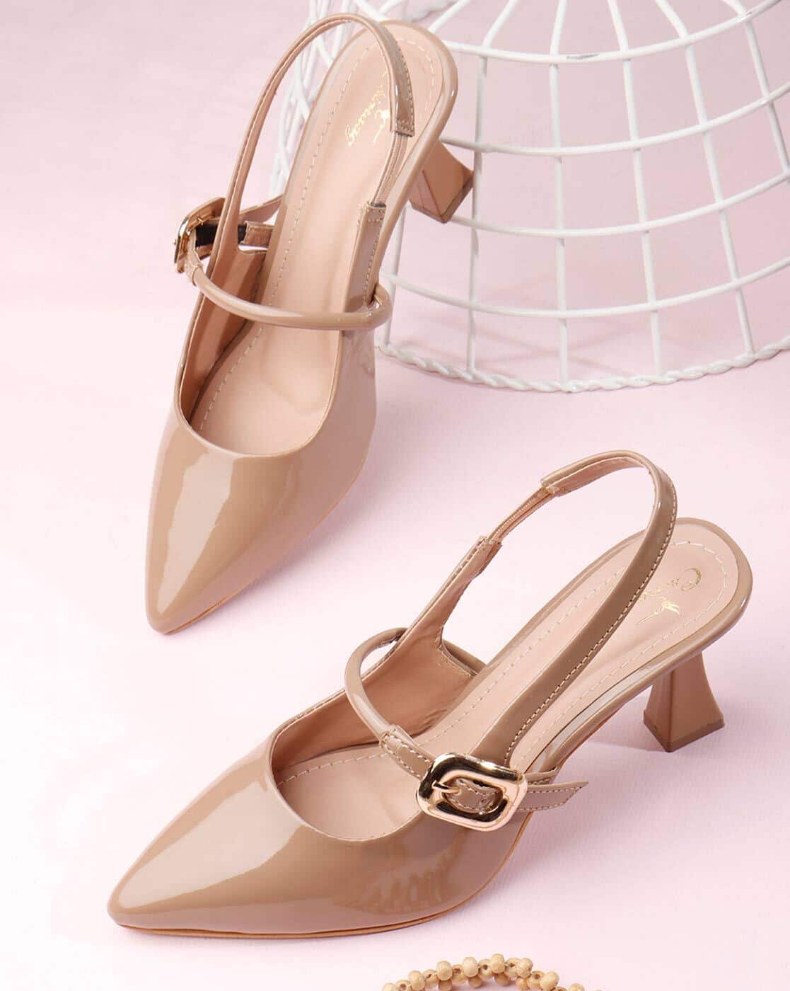 CHINRAAG Women Pointed-Toe Kitten Heeled Sandals (Beige)