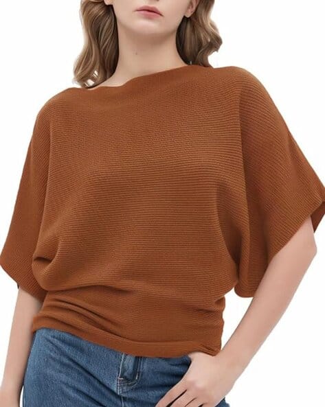 Zilcon Women Ribbed Loose Fit Boat-Neck T-Shirt