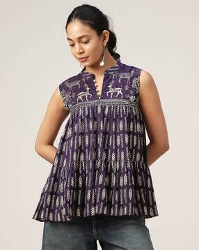 kimayra Cotton Printed Mandarin Collar Flared Top-picture-19