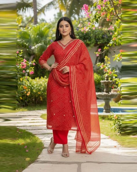 SVARAA Women Bandhani Print Straight Kurta with Pants & Dupatta