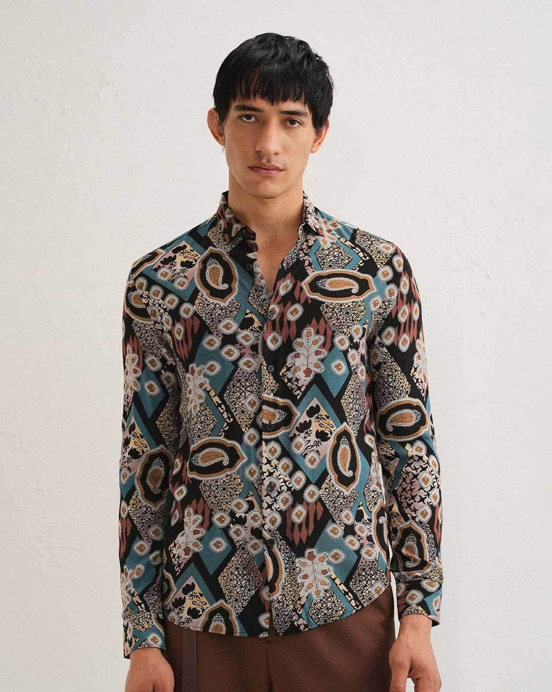 BANANA CLUB Men Printed Regular Fit Shirt with Cuffed Sleeves For Men (Teal, XS)