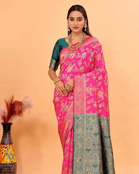 Nyrika Women Floral Woven Banarasi Saree with Contrast Border