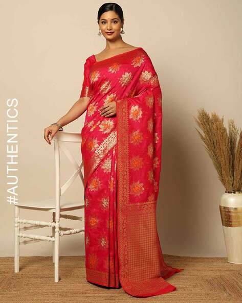 Indie Picks Silk Blend Saree with Orange Floral Lotus Motifs