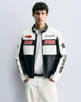 the indian garage co Men Typographic Print Oversized Zip-Front Biker Jacket-picture-20