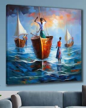 Colorful Boat and Ocean Framed Canvas Painting for Living Room Décor-image-1
