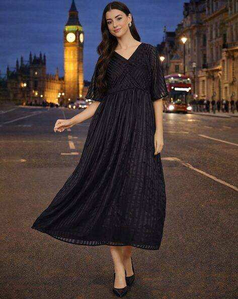 LEIA Women Striped V-Neck Fit & Flare Dress
