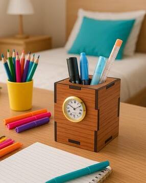 afast Wooden Pen Stand with Analog Clock-picture-40