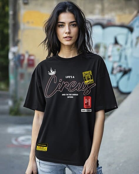BEWAKOOF Women Jet Lifes A Circus Graphic Print Oversized Fit T-Shirt