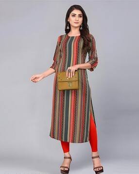 Shree Infinity Export Women Striped No Darts Straight Kurti