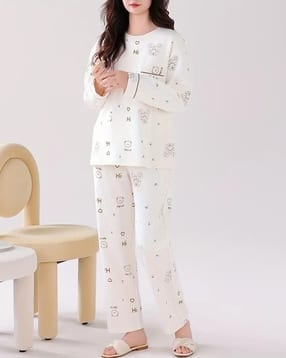 Women Graphic Print Top & Pyjamas Nightwear Set