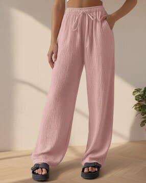 Women Ribbed Relaxed Fit Palazzos with Drawstring Waistband