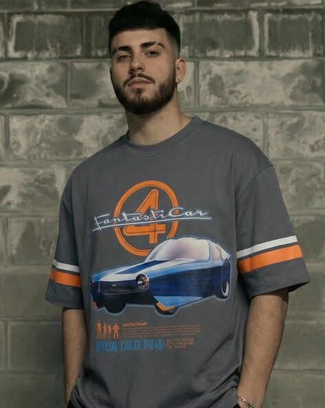 Super Store By Highlander Cars - Highlander Marvel Cars Men Grey Round Neck Half Sleeve Relax Drop Shoulder Graphic Tshirt