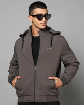 Men Regular Fit Jacket with Detachable Hood