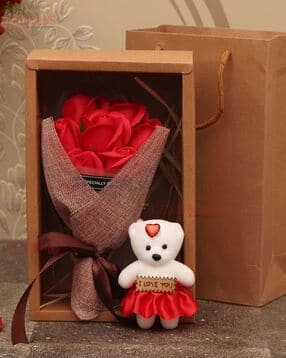tied ribbons Artificial 7 Red Roses Flower Bouquet with Mini Teddy Bear-picture-33